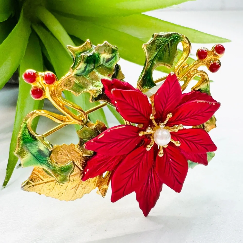 Vintage Y2K Kenneth Cole Satin Red Enamel Christmas Poinsettia Faux Pearl Brooch